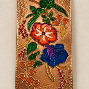 Vintage AETHRA Studio Kreeka emailitud vaskpannoo lillemotiiviga, ca 22,5 × 10,5 cm
