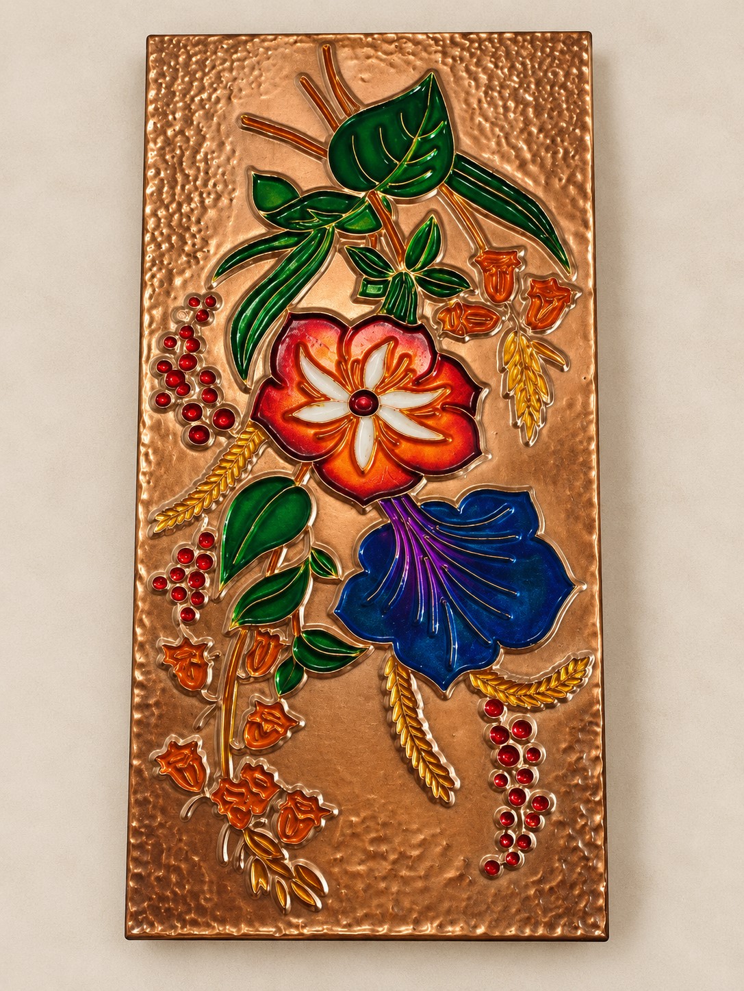 Vintage AETHRA Studio Kreeka emailitud vaskpannoo lillemotiiviga, ca 22,5 × 10,5 cm