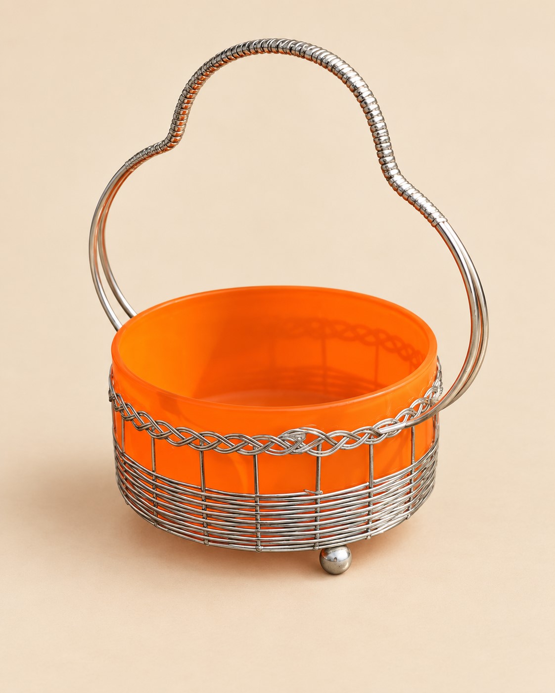 Vintage oranž klaaskauss metallist kandekorvis, 1970.–1990. aastad