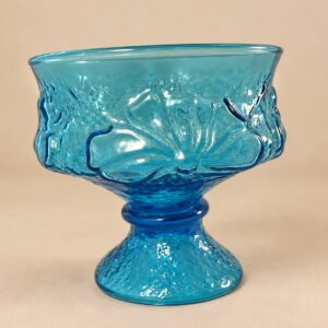 Anchor Hocking Rain Flower türkiissinine jalaga dessertkauss, USA, 1960-1970ndad