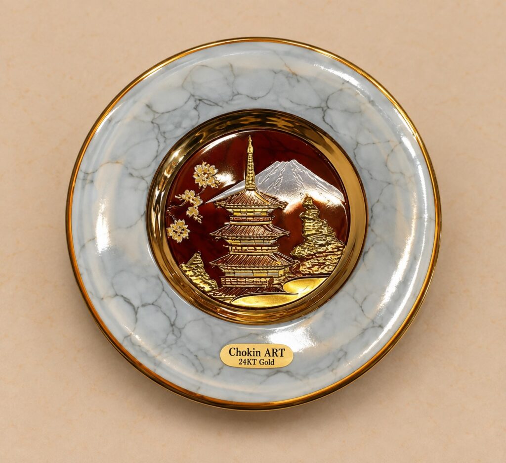 Vintage Chokin ART dekoratiivtaldrik pagoodi ja mägivaatega, 24K kullaga, Ø 15 cm