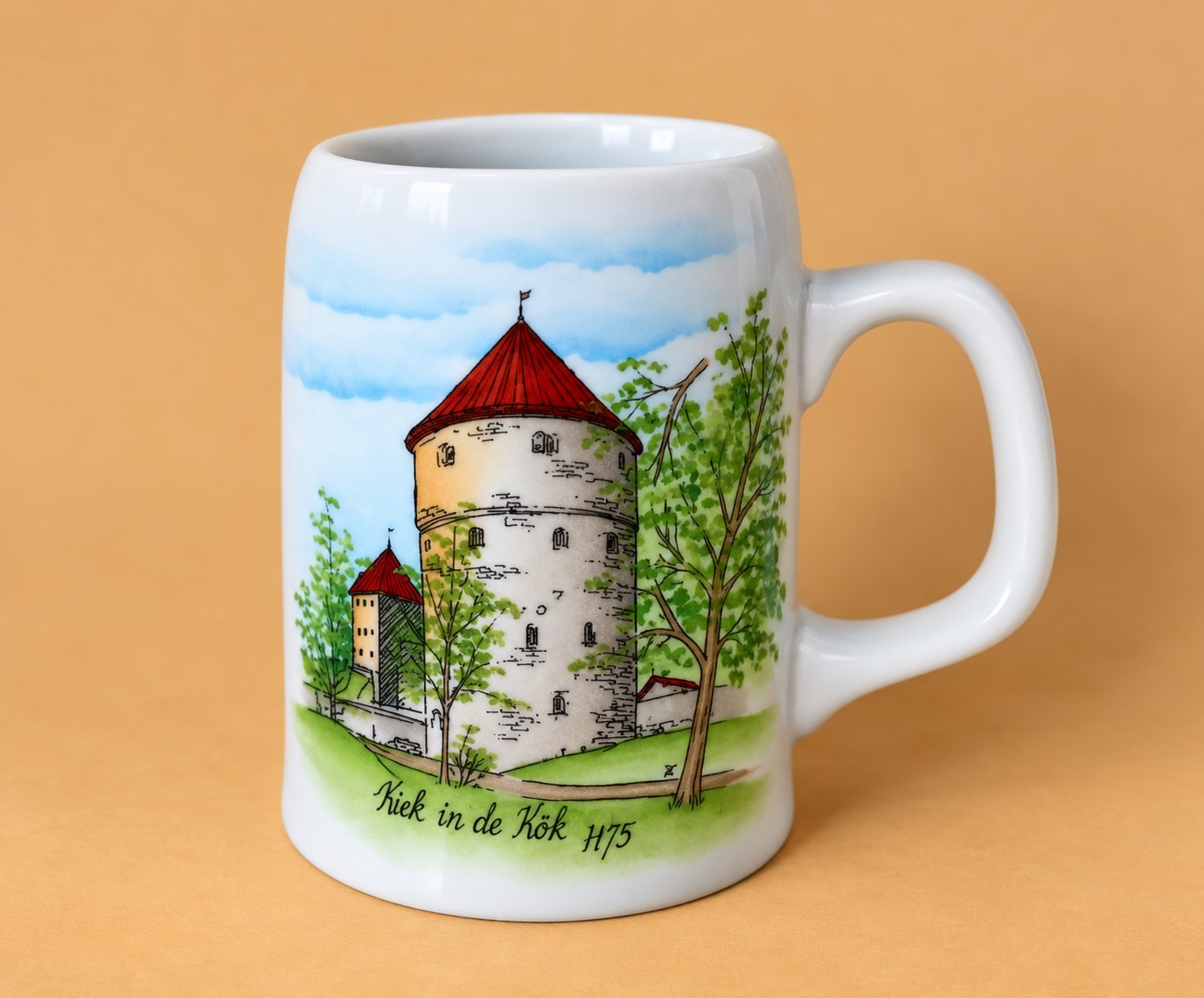 Vintage käsitsi maalitud keraamiline õllekann „Kiek in de Kök“, Tallinn, 13 cm