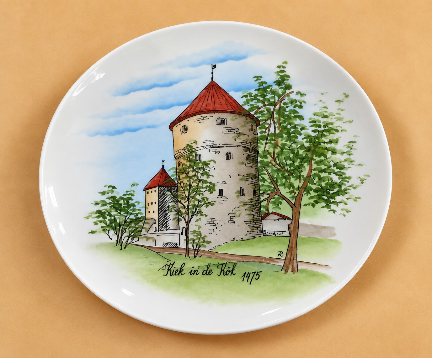 Vintage käsitsi maalitud portselanist seinataldrik „Kiek in de Kök“, Tallinn, 20 cm